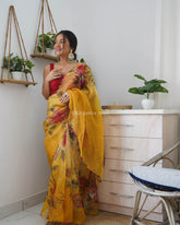 Yellow Cutwork And Gotapatti Work Pure Organza Silk Saree